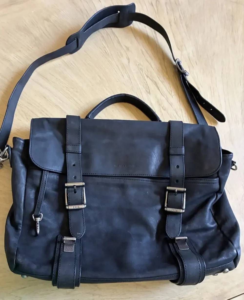 VTG Frye Logan Top Handle Black Distress Leather Briefcase Messenger Laptop Bag